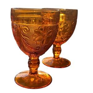 Vintage Indiana Glass Amber Tiara Sandwich 3.5 oz Wine Water Cordial Goblet Pair
